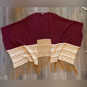 Burgundy and Tan Fringed Women's Knit Shawl